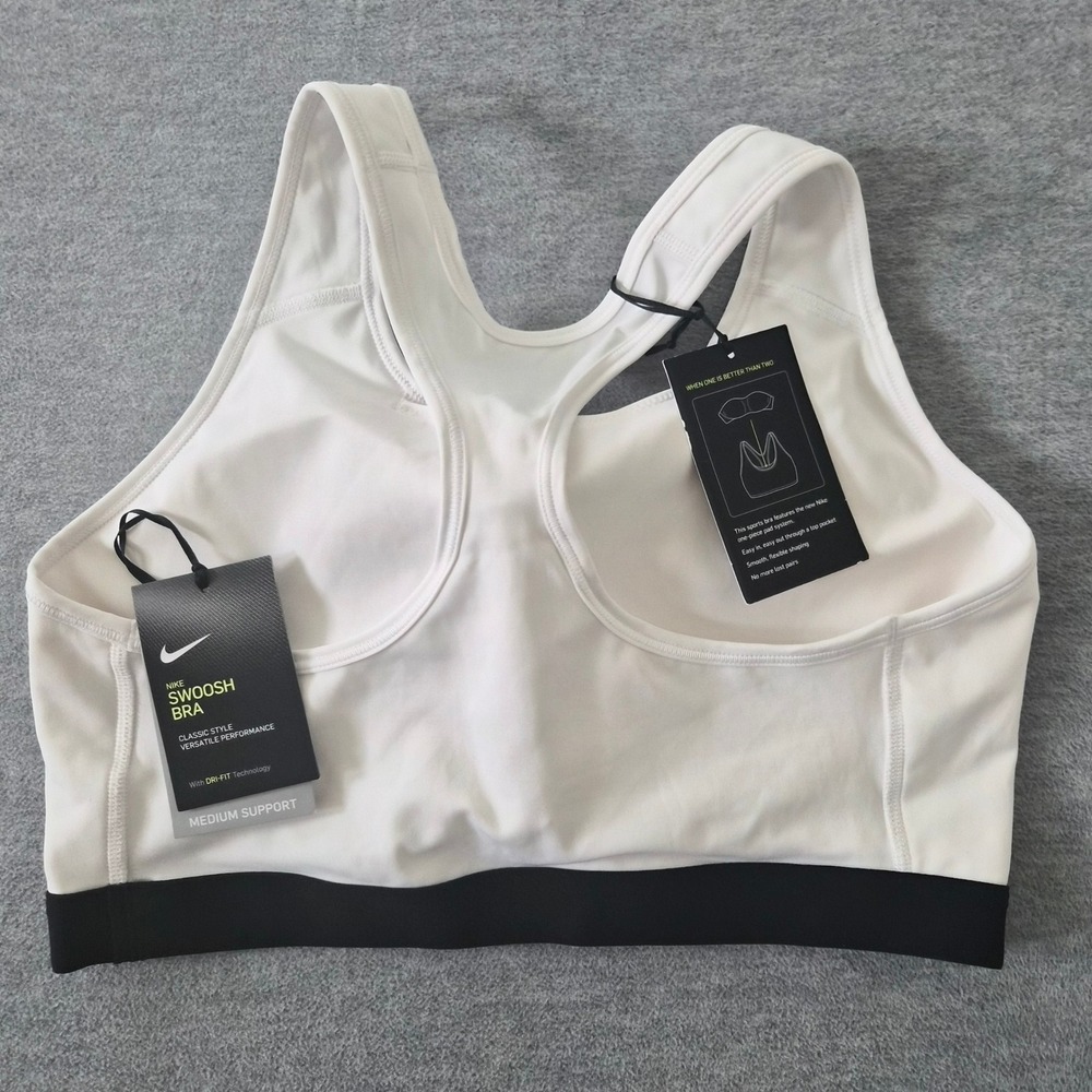 Nike Swoosh Sports Bra White Black Racerback Dri-FIT XL New BV3902 - Picture 2 of 3